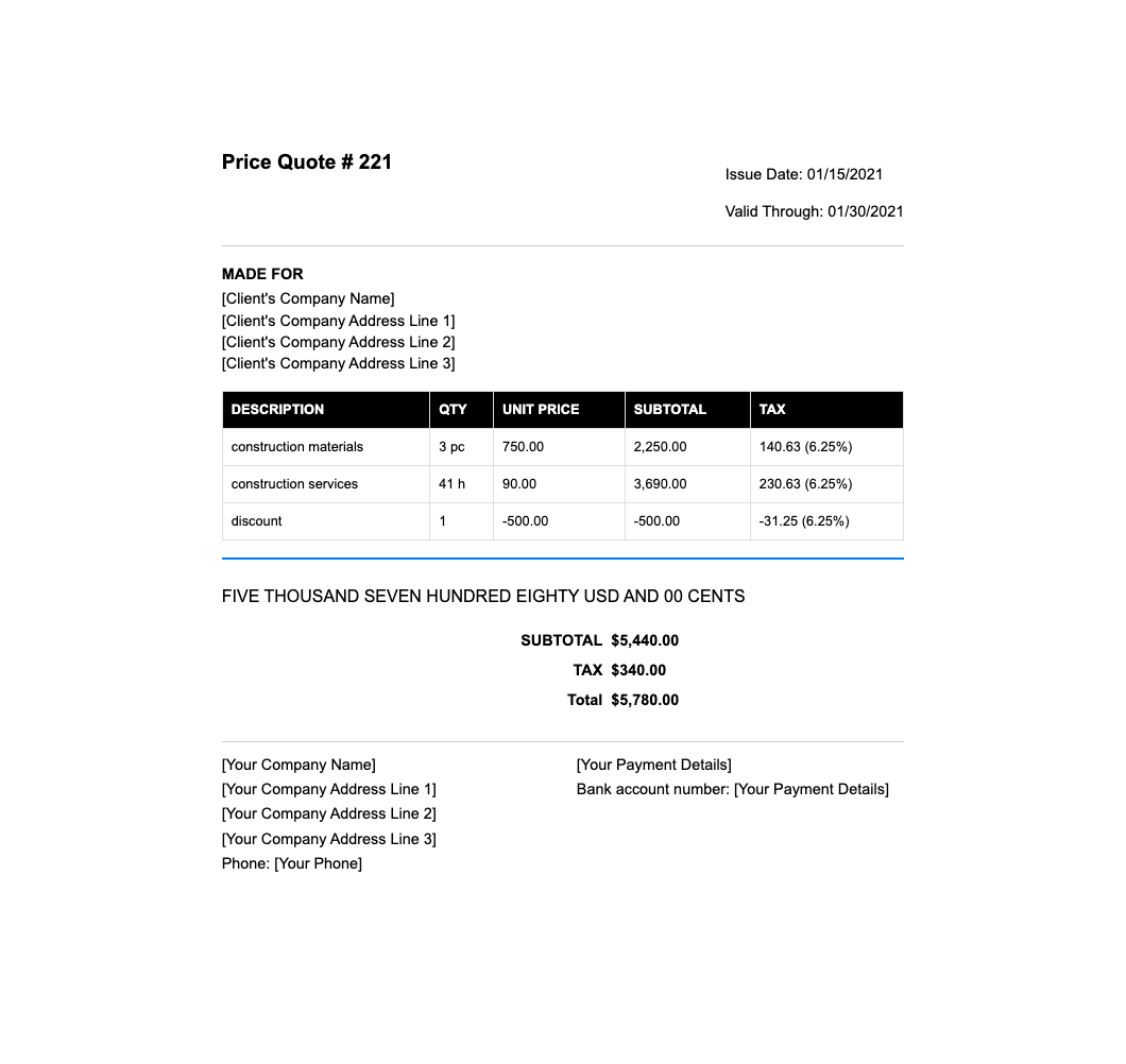 construction quote template - Professional price quote template for service providers featuring itemized costs, tax calculations, and validity dates.